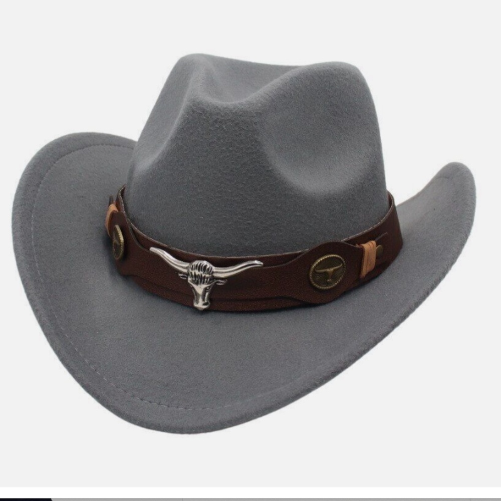 Women's Grey Cowboy Fedora Rodeo Hat with Longhorn Metal leather detail